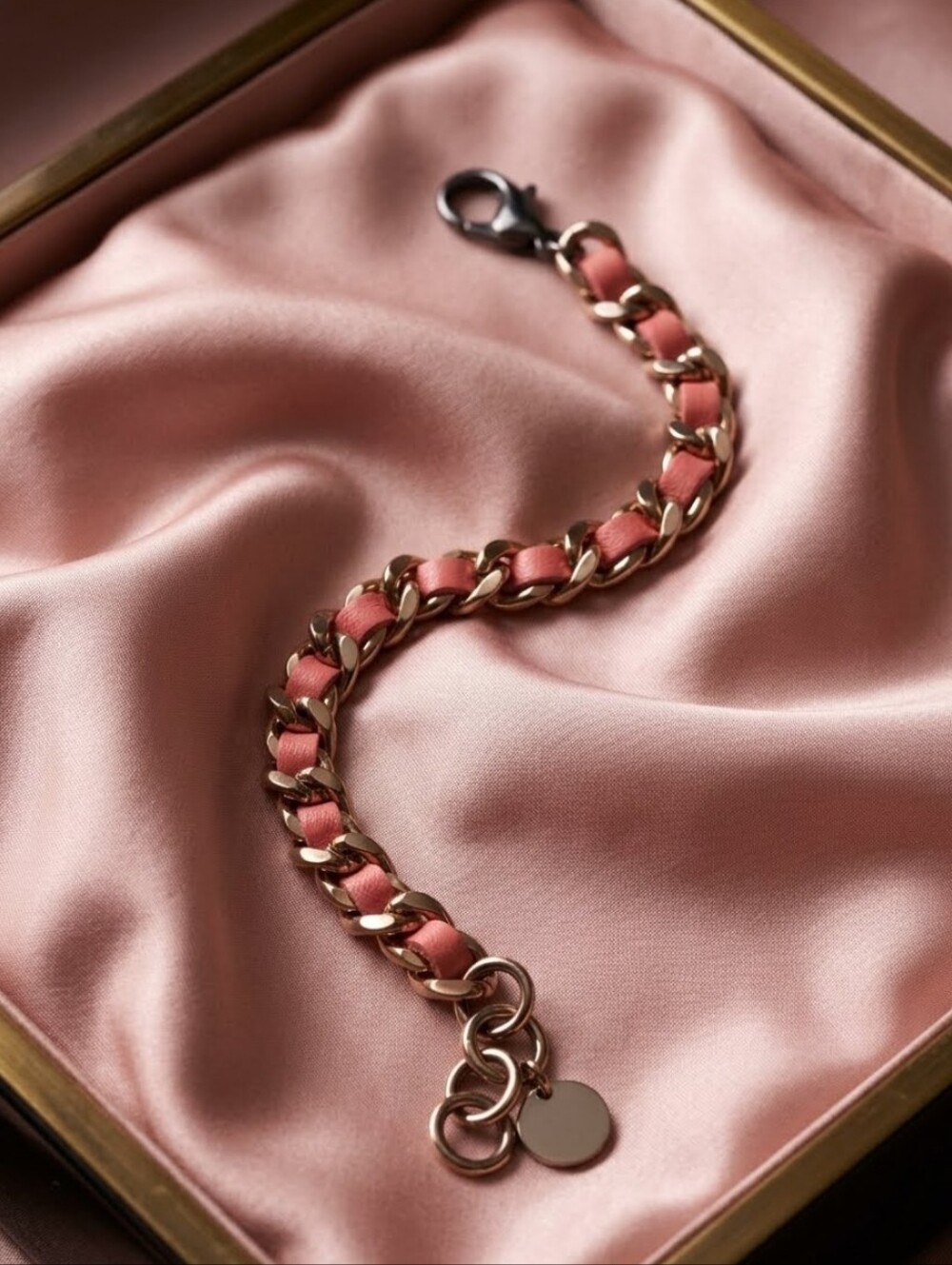 Stainless Steel Genuine Pink Leather Woven Chain Bracelet NEW